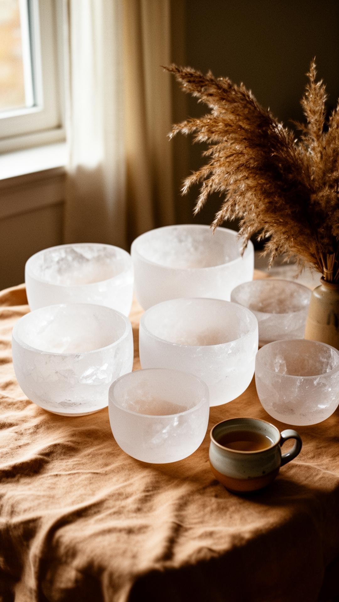 A softly lit room laid for a tea ritual — low table, linen, hand-thrown ceramics