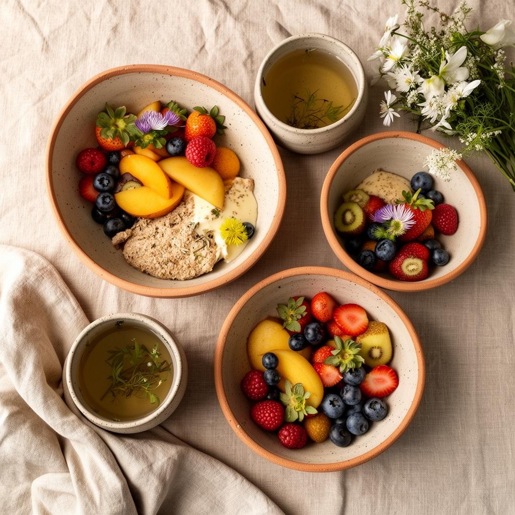Hand-thrown bowls, fresh fruit and herbal tea laid out on linen