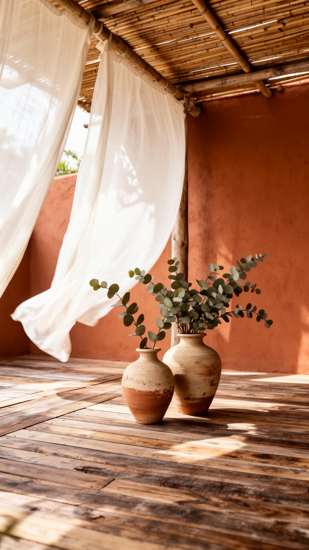 A low table dressed for ritual — linen runner, fresh flowers, hand-thrown teaware